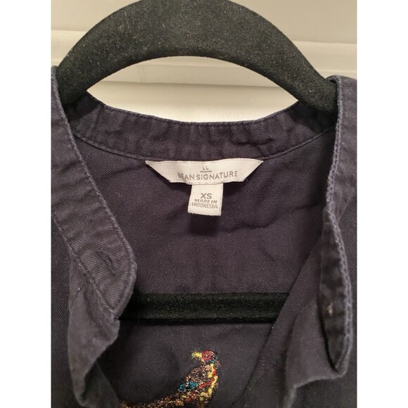 LL Bean Signature Oversized Button Down Shirt XS Blck Embroidered Pheasant Tunic - Picture 4 of 8